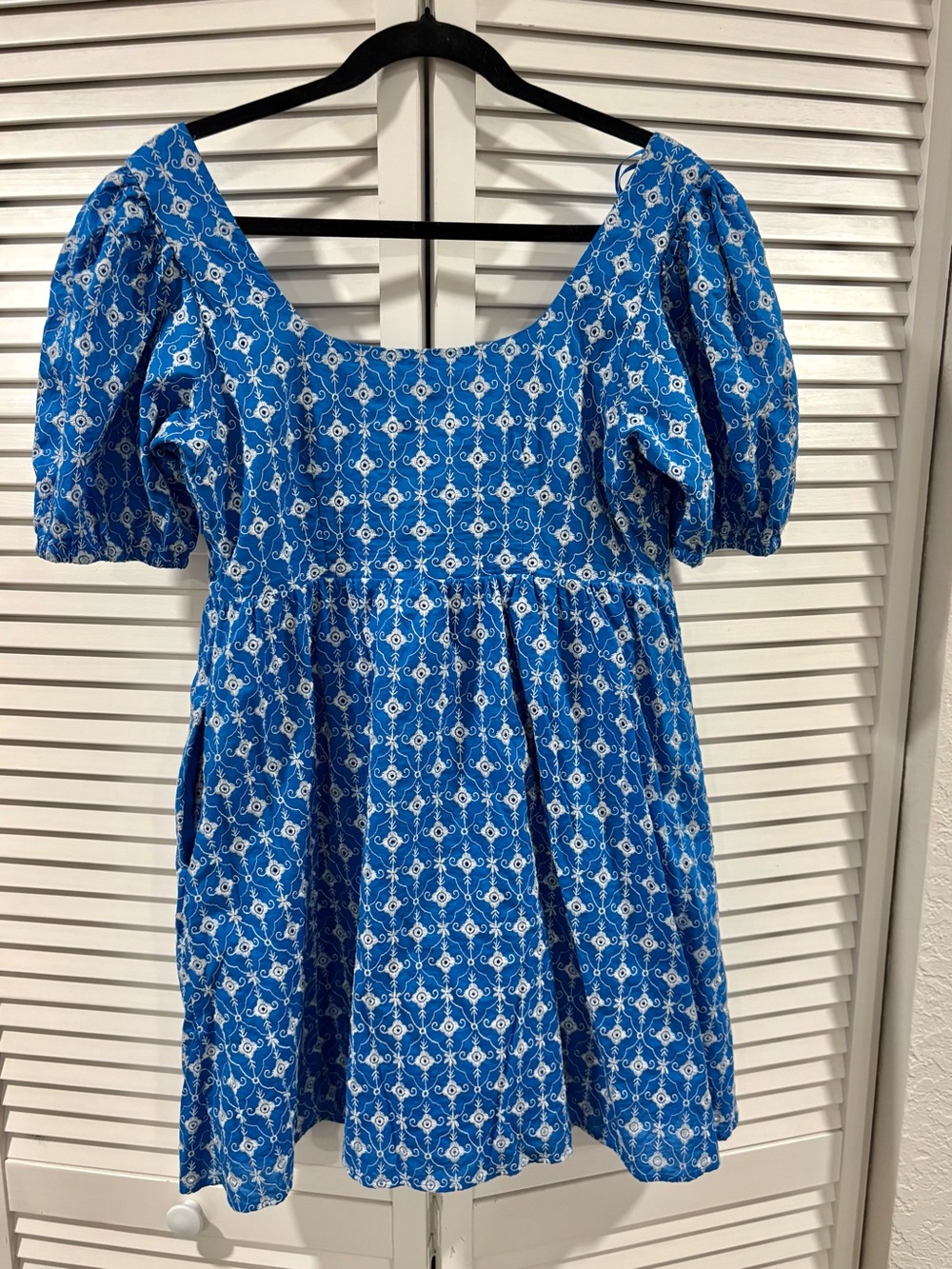 Rhode Blue Embroidered Puff Sleeve Mini Dress | Eyelet Floral | Size Small